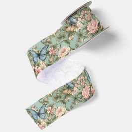 Zartestes Rosa Blaues Blumen- & Schmetterlingsmust Satinband