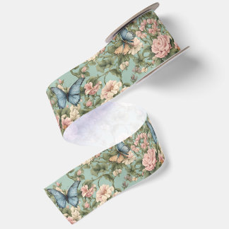 Zartestes Rosa Blaues Blumen- & Schmetterlingsmust Satinband
