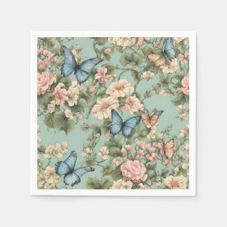 Zartestes Rosa Blaues Blumen- und Schmetterlingsmu Serviette