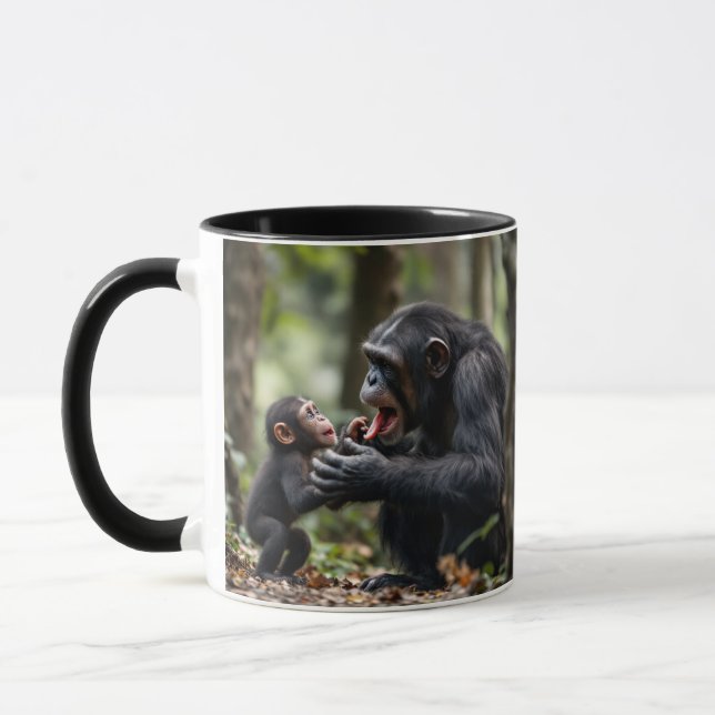 Zärtliche Momente zwischen einem Schimpansenbaby u Tasse (Links)