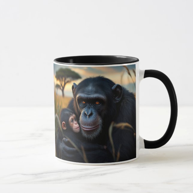 Zärtlichkeit eines Schimpansen und seines Babys. Tasse (Rechts)