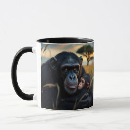 Zärtlichkeit eines Schimpansen und seines Babys. Tasse