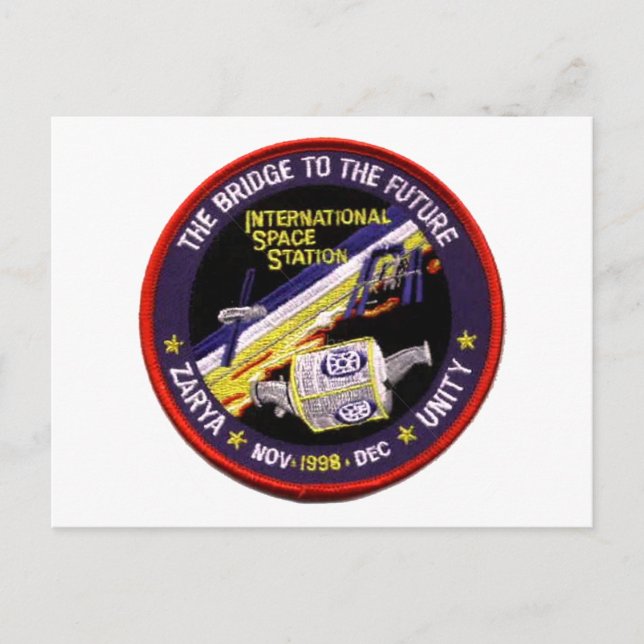 Zarya-Unity-Module der ISS Postkarte (Vorderseite)