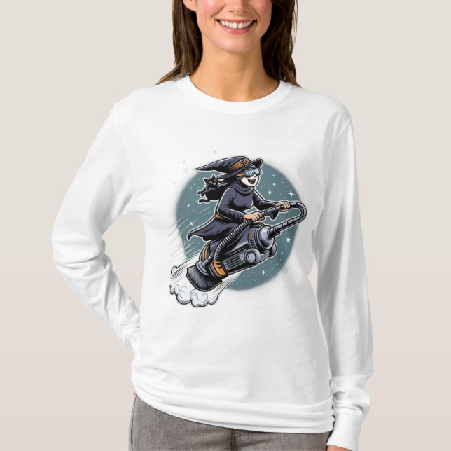 Zauber & Speed: Halloween Hexe auf einem Tech-Ride T-Shirt (Vorderseite)
