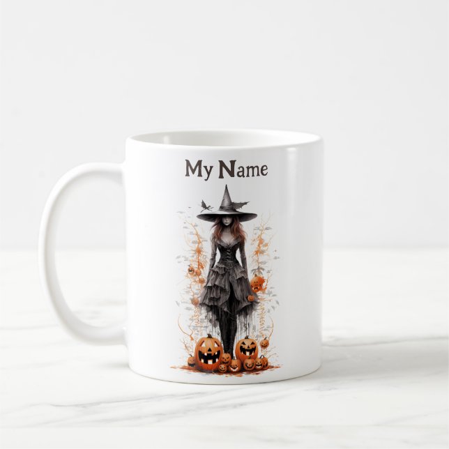 Zauberbrauen: Halloween-Hexe, maßgeschneiderter Cu Kaffeetasse (Links)