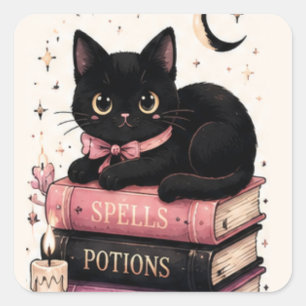 Zauberbuch-Bücher Hexenkatze Schwarz Quadratischer Aufkleber