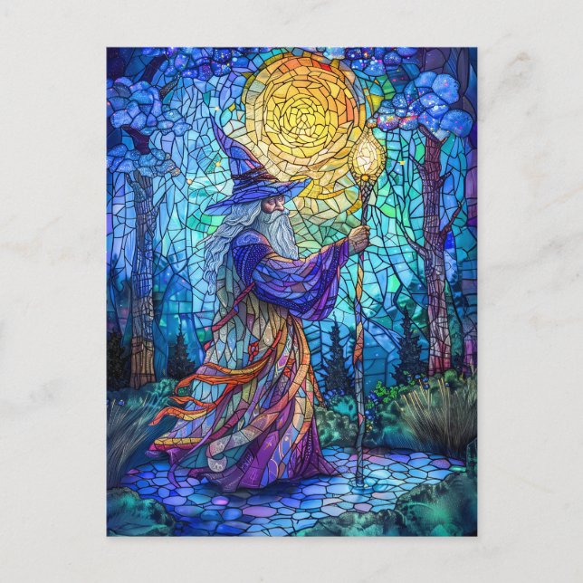 Zauberer im Wald mit Magie Postkarte (Vorderseite)