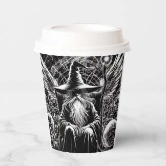 Zauberer in Kontemplationspapier-Kaffeetassen Pappbecher