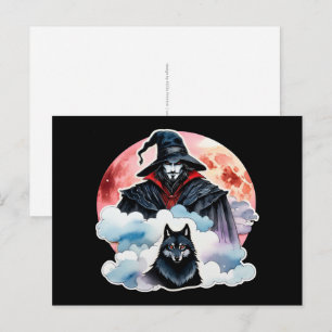 Zauberer mit einem Wolf - Halloween Fan-Spaß 1 Postkarte