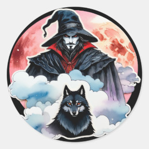 Zauberer mit einem Wolf - Halloween Fan Spaß 1 Runder Aufkleber