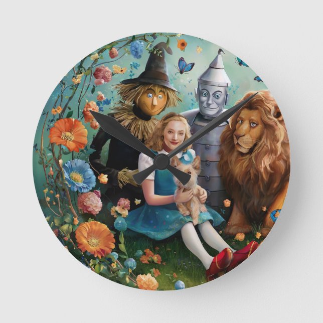 Zauberer Oz - Dorothy, Tinman, Scarecrow & Lion Runde Wanduhr (Vorderseite)