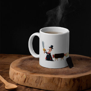 Zauberer sägt Frau in der Hälfte durch Kaffeetasse