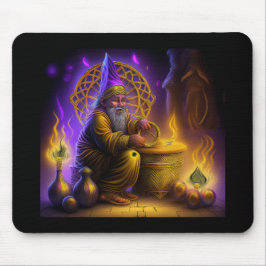 Zauberer sitzt an einem Tisch und beschwört einen  Mousepad