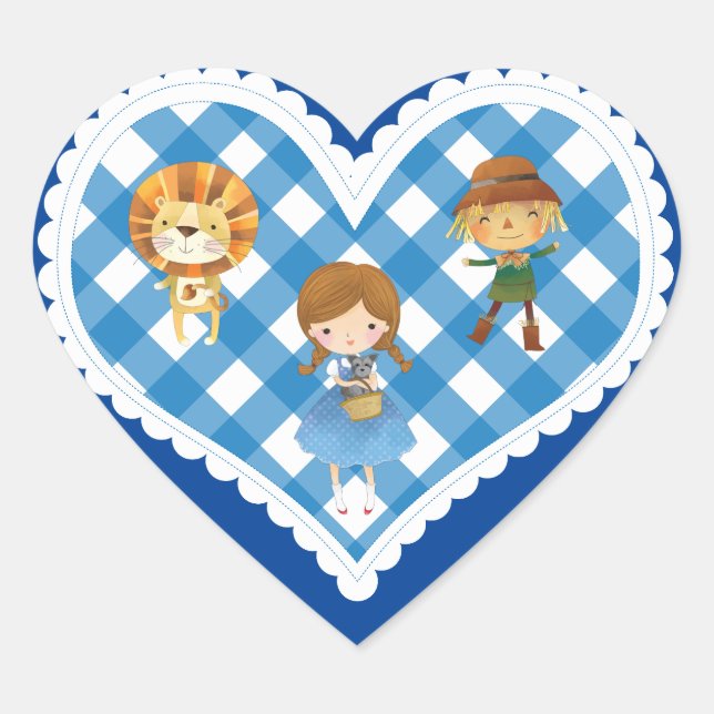Zauberer von Oz auf Blue und White Gingham Herz-Aufkleber (Vorderseite)