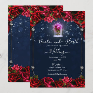 Zauberglühende Rote Rose Silver Navy Blue Wedding Einladung