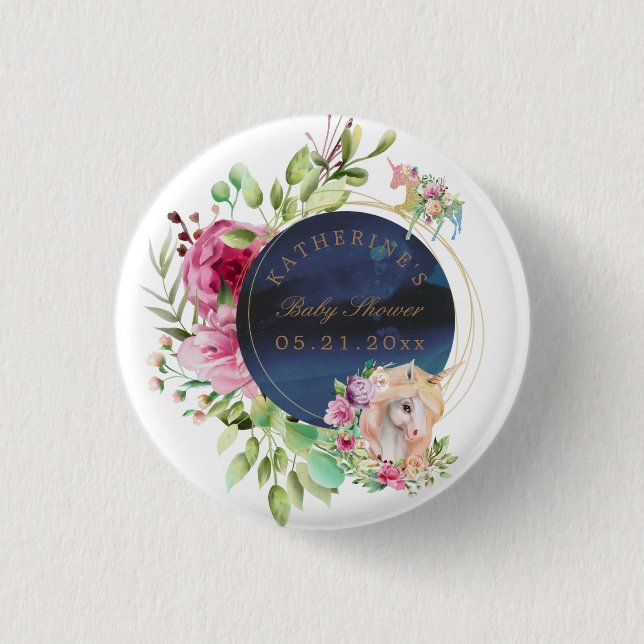 zauberhafte Blumen-Einhorn-Babydusche Button (Vorderseite)