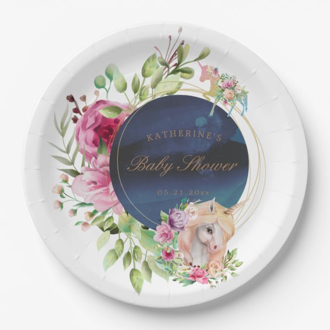zauberhafte Blumen-Einhorn-Babydusche Pappteller (Vorderseite)