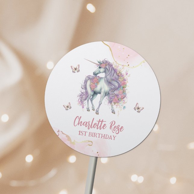 Zauberhafte Burg Einhorn Rosa Prinzessin 1. Geburt Runder Aufkleber (Von Creator hochgeladen)
