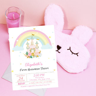 Zauberhafte Burg Rainbow Birthday Einladung