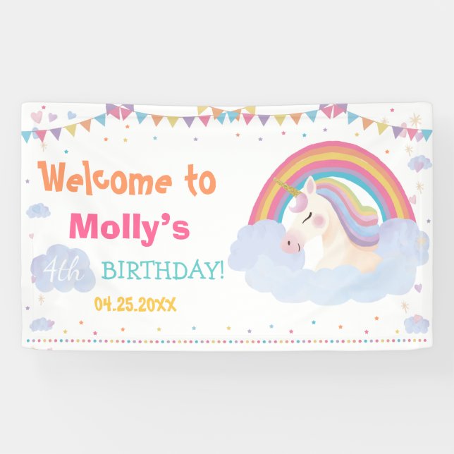 Zauberhafte Einhorn-Birthday-Regenbogenkugel Banner (Horizontal)