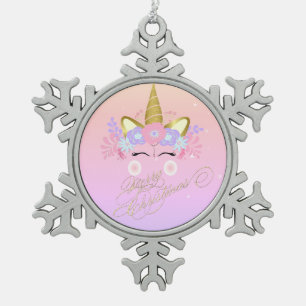 Zauberhafte Einhorn-Blumenkrone, frohe Weihnachten Schneeflocken Zinn-Ornament