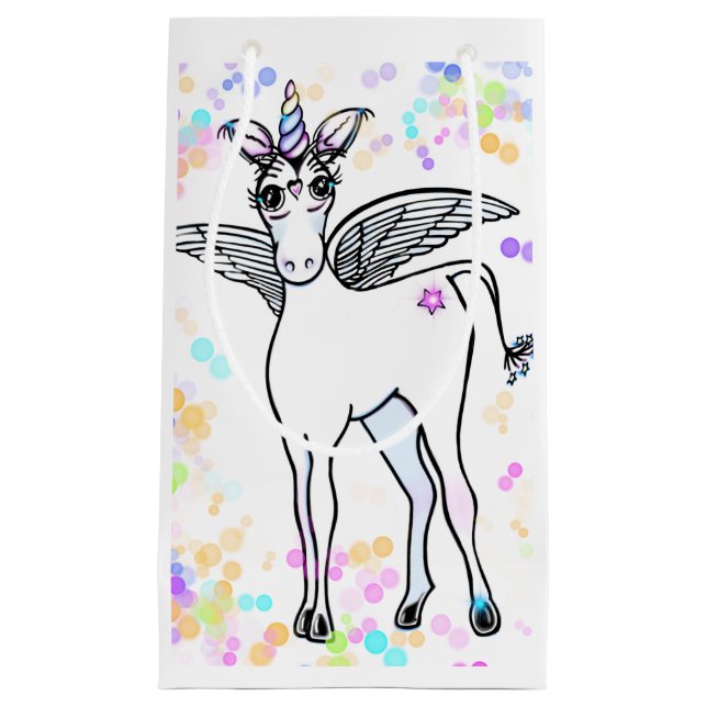 Zauberhafte Einhorn mit bunten Blasen Kleine Geschenktüte (Vorderseite)
