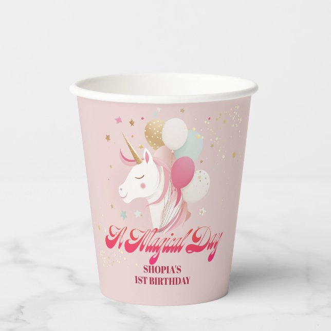 Zauberhafte Einhorn zum 1. Geburtstag Pappbecher (Vorderseite)