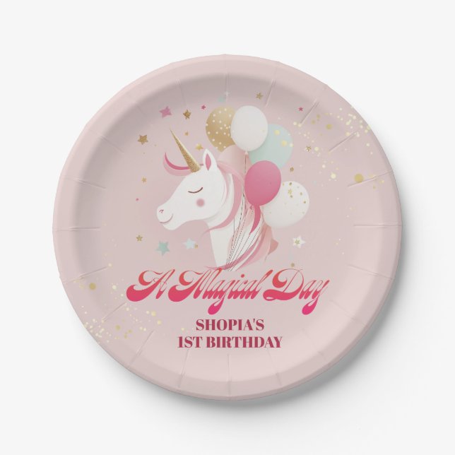 Zauberhafte Einhorn zum 1. Geburtstag Pappteller (Vorderseite)
