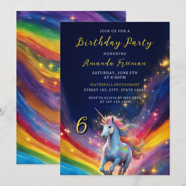 Zauberhafte Farbenfrohe Regenbogen Einhorn 6. Gebu Einladung (Vorne/Hinten)
