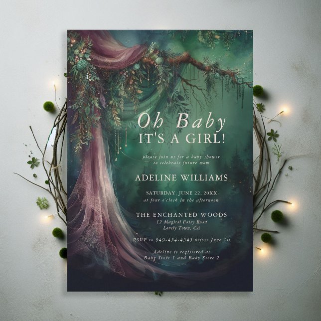 Zauberhafte Forest Fairytale Magical Baby Shower Einladung (enchanted forest baby shower emerald green mauve purple veil woodland fairy tale faerie magic invite)