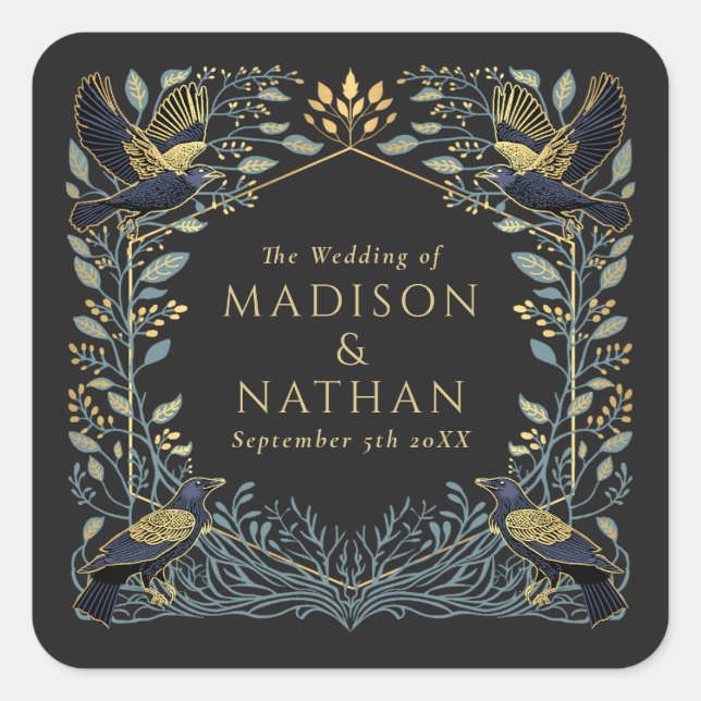 Zauberhafte Gothic Raven Floral Wedding Quadratischer Aufkleber (Vorderseite)