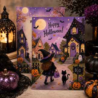 Zauberhafte Hexe & schwarze Katze Halloween-Party Einladung