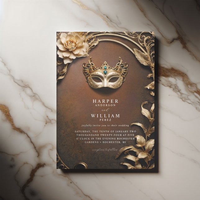 Zauberhafte Hochzeit mit Rost und Goldmasquerade Einladung (Rusty brown with copper tones masqurade wedding invite, gold foliage and decorative venetian mask)