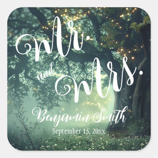 Zauberhafte Hochzeit von Waldeiche-Tree-Lichtern Quadratischer Aufkleber (Vorderseite)