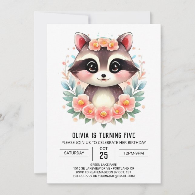 Zauberhafte Kinder-Raccoon-Mädchen Geburtstag Einladung (Vorderseite)