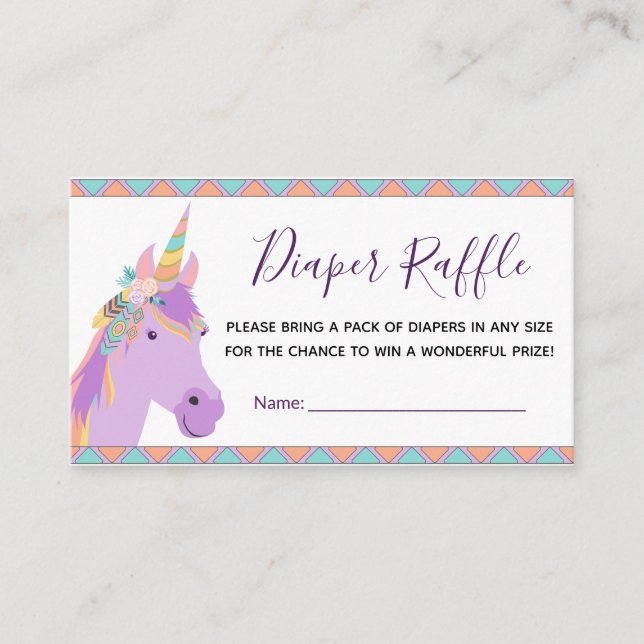 Zauberhafte Lila Einhorn Boho Diaper Raffle Ticket Begleitkarte (Vorderseite)