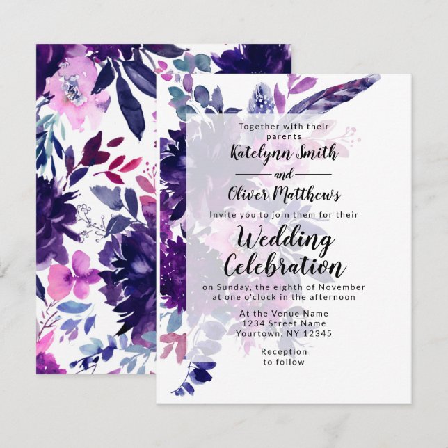 Zauberhafte Lila Violettfüßer Hochzeit Einladung (Vorne/Hinten)