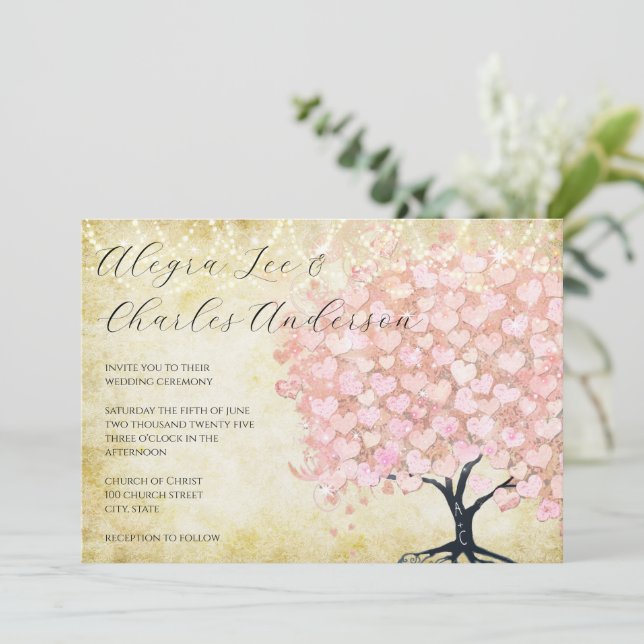 Zauberhafte Märchenblütenhochzeit mit rosafarbenem Einladung (Stehend Vorderseite)