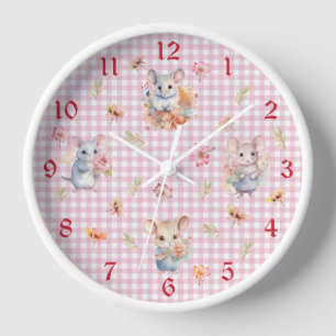 Zauberhafte Mäuse auf rosa Gingham-Karo-Wanduhr Uhr