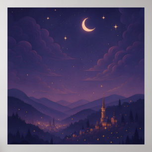Zauberhafte mondbeschienene Dorfnachtlandschaft Poster