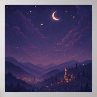 Zauberhafte mondbeschienene Dorfnachtlandschaft Poster