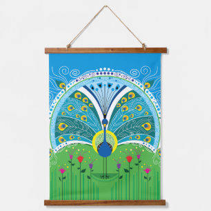 Zauberhafte Pfau-Symmetrie Wandteppich Mit Holzrahmen