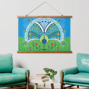 Zauberhafte Pfau-Symmetrie Wandteppich Mit Holzrahmen