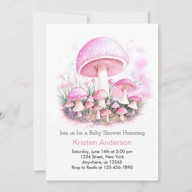 Zauberhafte Pink Mushroom Dream Girl Babydusche Einladung (Vorderseite)