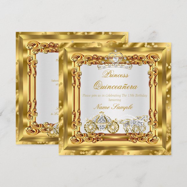Zauberhafte Quinceanera Gold Diamant Pferdekutsche Einladung (Vorne/Hinten)