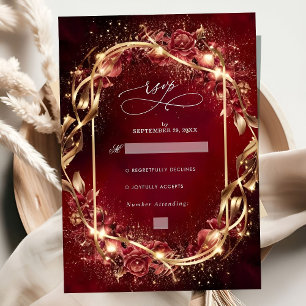 Zauberhafte Rot-Golden-Akzent Hochzeit RSVP Karte