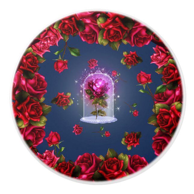 Zauberhafte Rote Rose Blauer Flora Keramikknauf (Vorderseite)