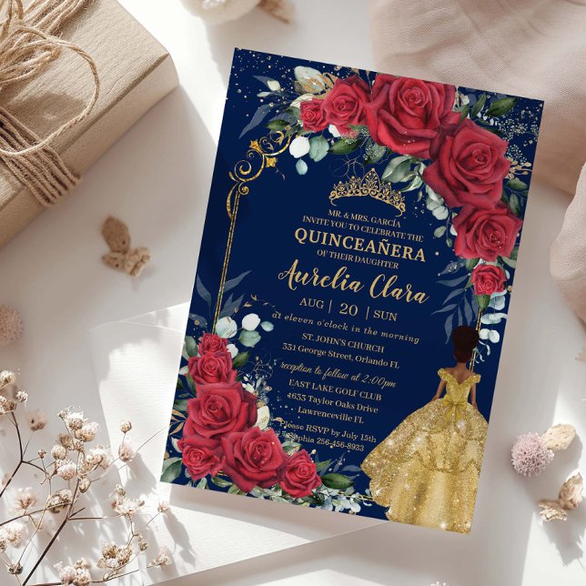 Zauberhafte Rote Rose Schwarzes Brown Quinceañera Einladung (Von Creator hochgeladen)