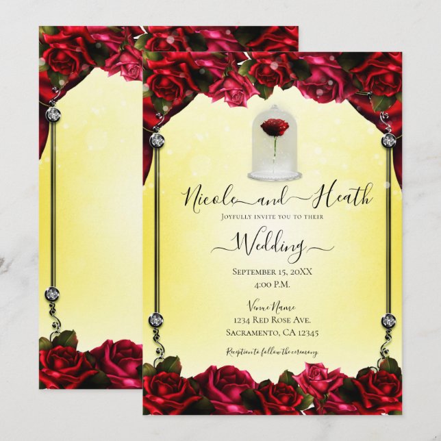 Zauberhafte Rote Rose Weißgoldgelbe Hochzeit Einladung (Vorne/Hinten)