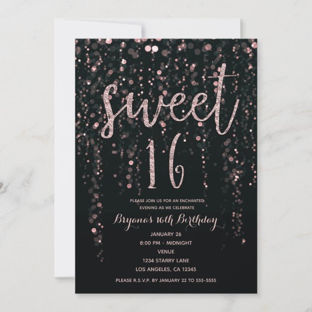 Zauberhafte Star Lights Rose Gold Blush Sweet 16 i Einladung (Vorderseite)